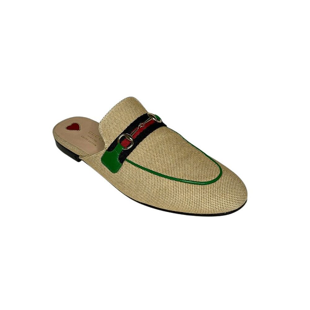 Gucci Charlotte Canvas Horsebit Mule Loafers Sand Web Stripe Shamrock EU 41